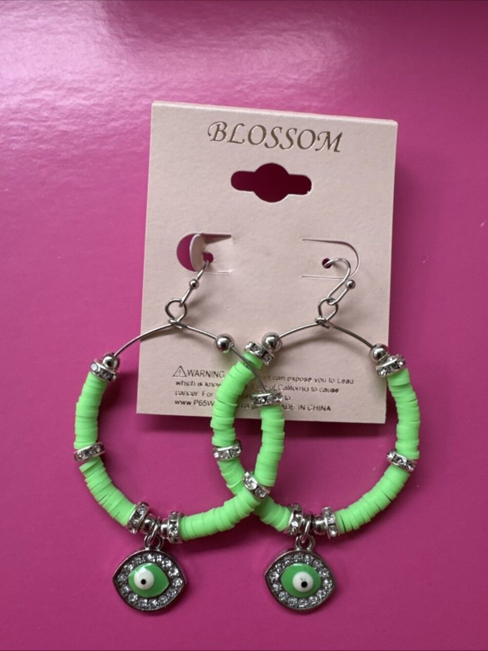 Blossom Green Gold Beaded Rhinestone Evil Eye Earrings Dangle Hoops NEW